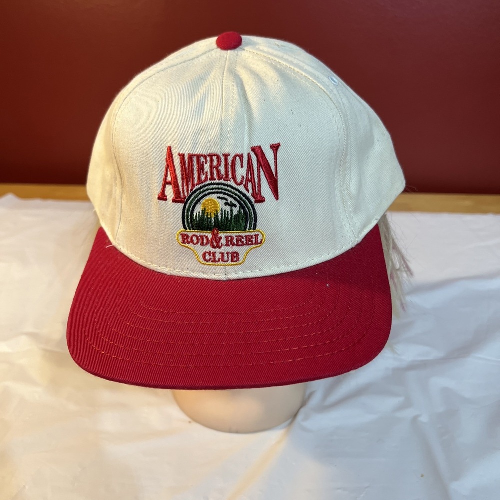 Vintage American Rod And Reel Club SnapBack Hat White And Red